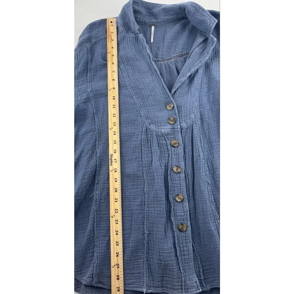 Free People Blue Cotton Gauze Button Front Tunic Top Size Small - Picture 6 of 10
